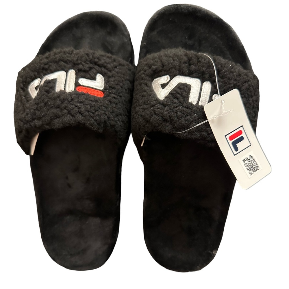 Fila Fuzzy Drifter Shearling Slide Black Sandals NIB Size 6